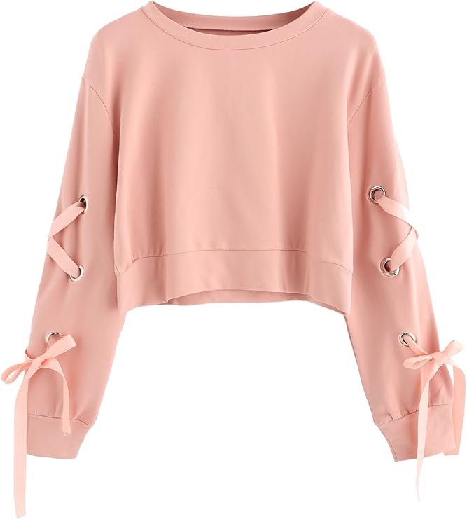 SweatyRocks Women's Casual Lace Up Long Sleeve Pullover Crop Top Sweatshirt
