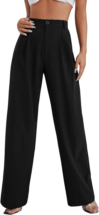 SweatyRocks Women's Casual Wide Leg High Waisted Button Down Straight Long Trousers Pants
