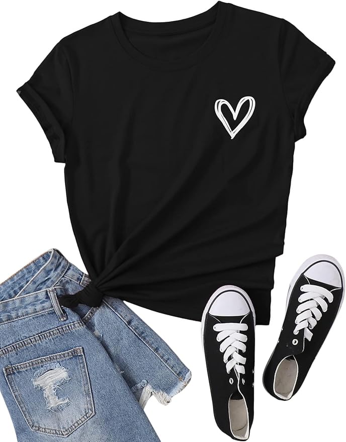 Women's Heart Print T Shirts Summer Funny Short Sleeve Tops